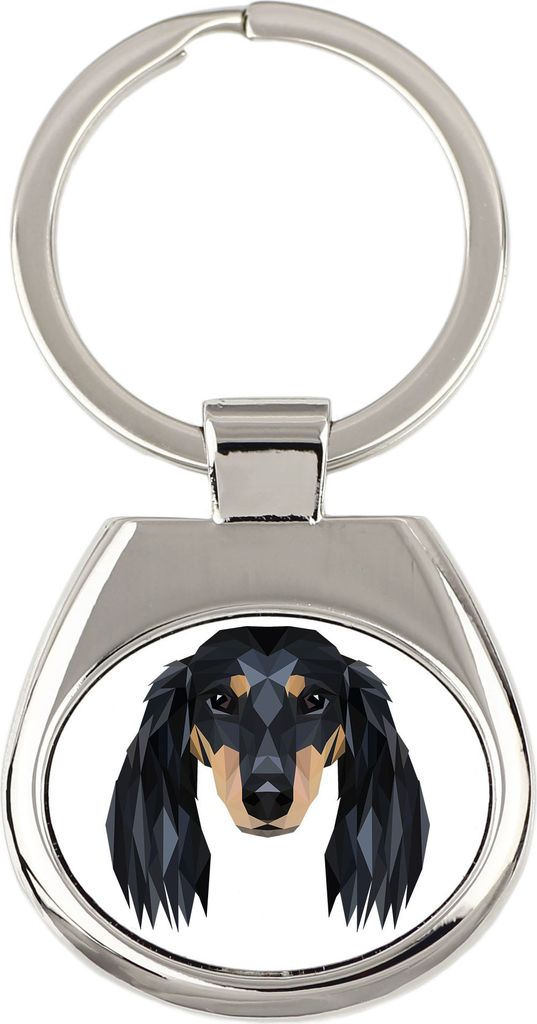 Dachshund Langhaar, Dackel, Teckel - geometrischer Schlüsselanhänger mit Foto und Aufschrift Art-Dog