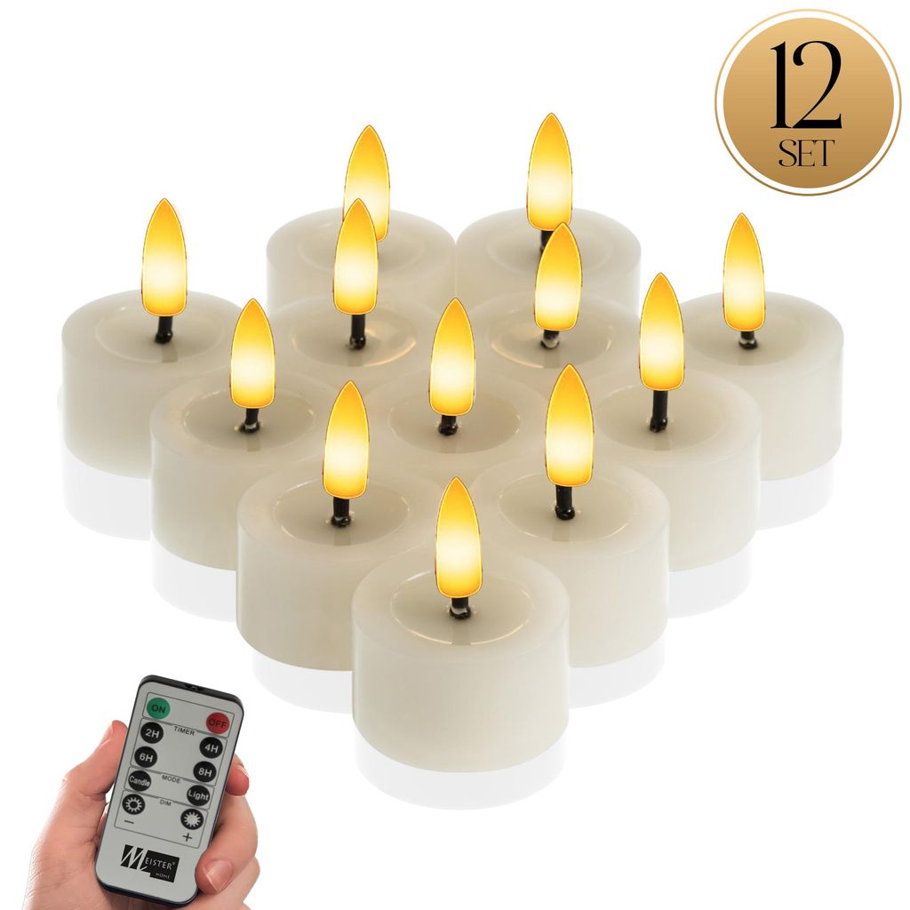 Meisterhome LED Teelichter 12er-Set – Flammenlose Kerzen aus Echtwachs – Ø 4,5 cm, Höhe 2,5 cm – Warmweißes flackerndes Licht – Mit Ti...