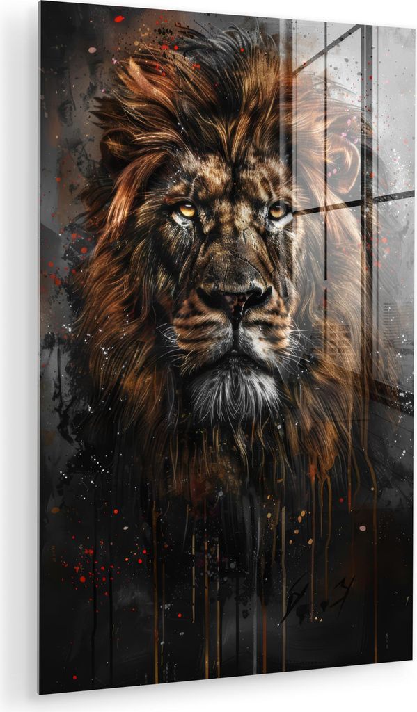 MuchoWow Glasbilder - Bilder auf Wandbild - Foto auf Glas Löwe - Tiere - Porträt - Schwarz - Luxus 60x90 cm Wanddekoration aus Glas - Acrylglasbi...