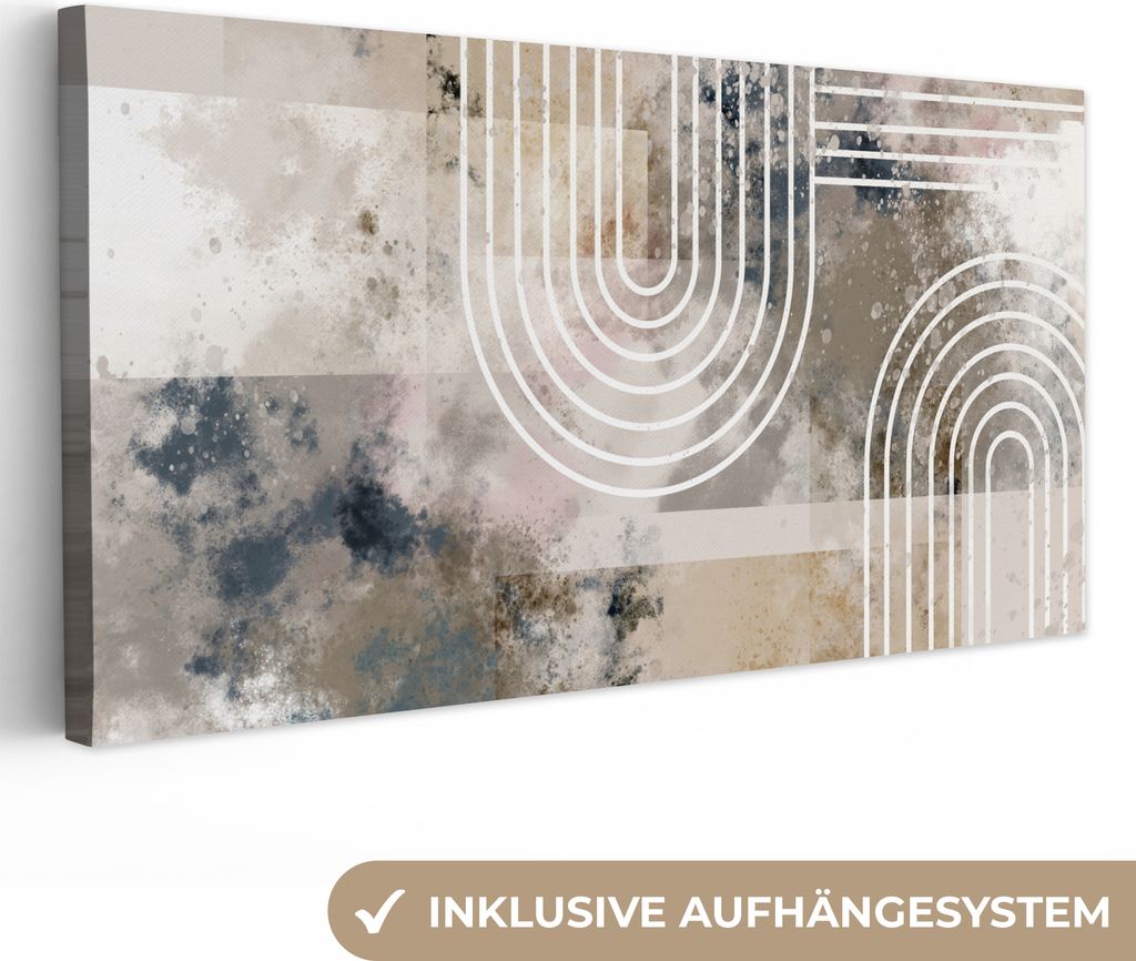 MuchoWow - Leinwandbilder - Abstrakt - Kunst - Linien - Weiß - Blau - Beige, Wandbild, Wanddeko Bilder Wohnzimmer, 40x20 cm