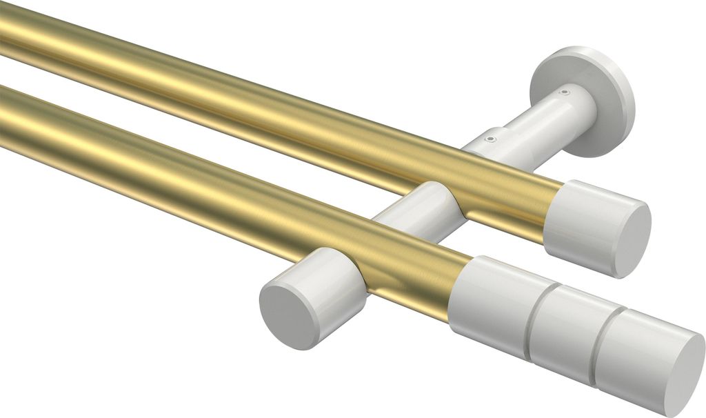 Interdeco Gardinenstange / Vorhangstange Messing-Optik / Weiß, Typ Prestige Elanto (Rillenzylinder) ohne Ringe, 20 mm Ø 2-läufig, 200 cm