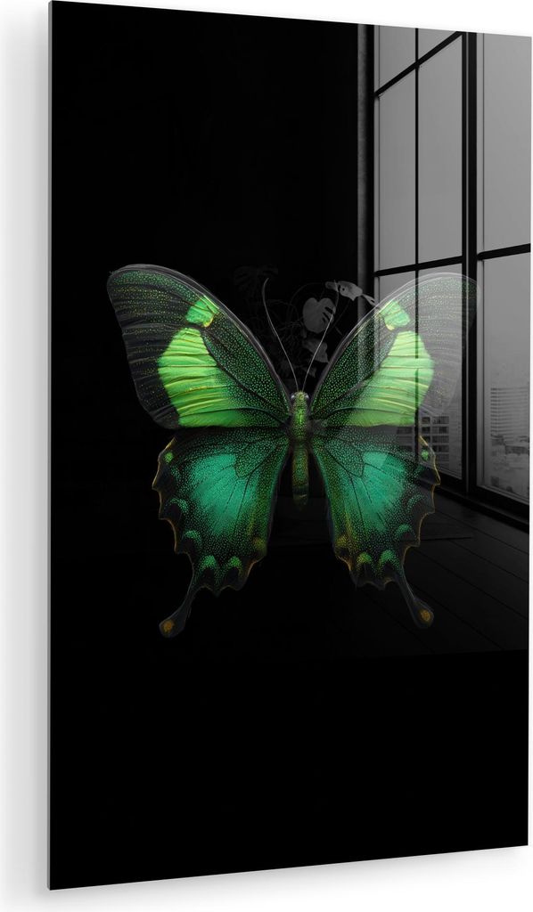 MuchoWow Glasbilder - Bilder auf Wandbild - Foto auf Glas Schmetterling - Grün - Blickfang 60x90 cm Wanddekoration aus Glas - Acrylglasbild - Acry...