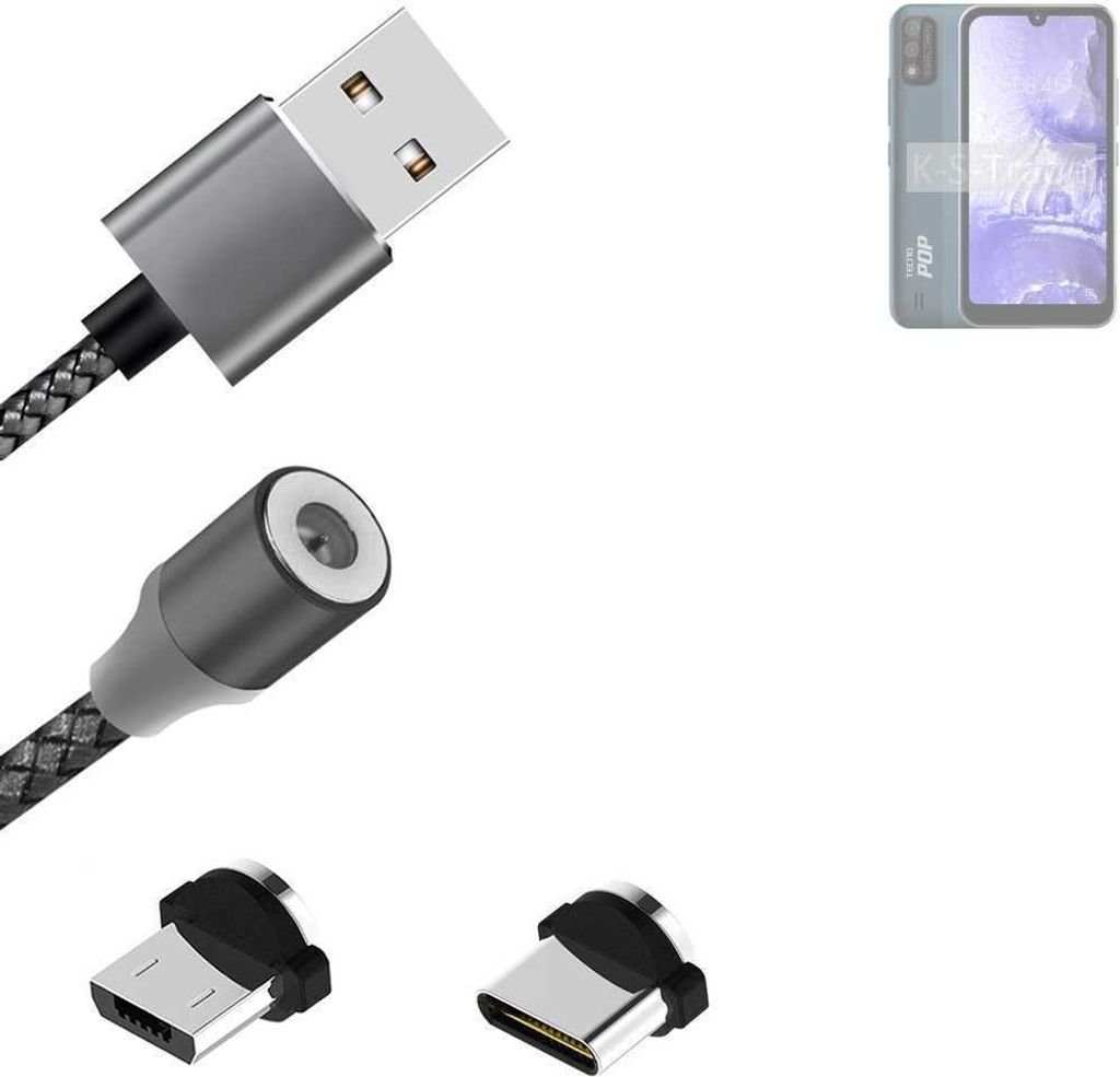 K-S-Trade Hochwertiges Magnet-Lade-kabel Sync-Kabel Daten-Kabel für Tecno Pop 5S mit USB-Typ-C-Anschluss und Micro-USB-Anschluss 2A bis zu 480mbps