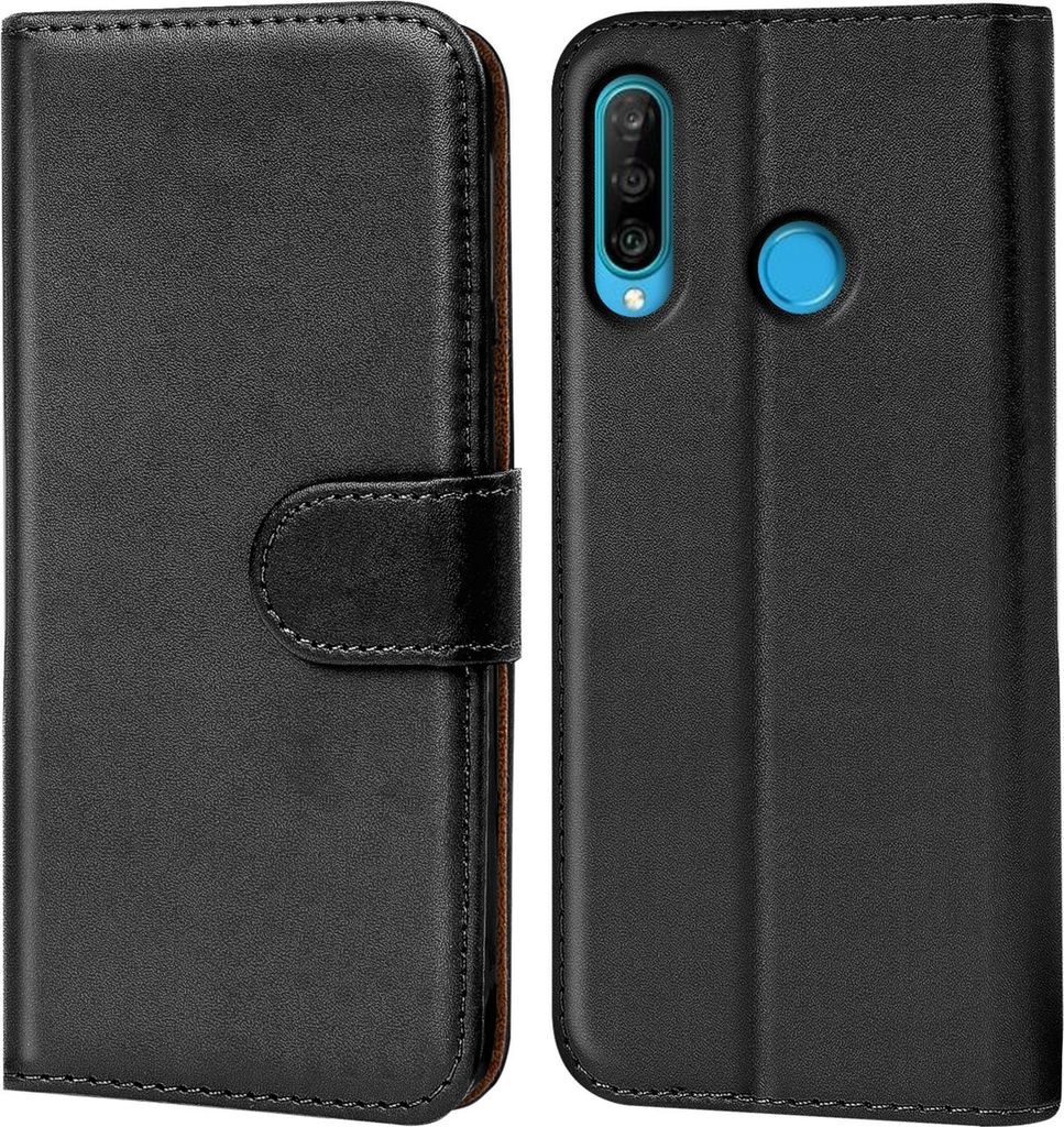 A black flip case for a Huawei P30 Lite phone, shown from the front and back.