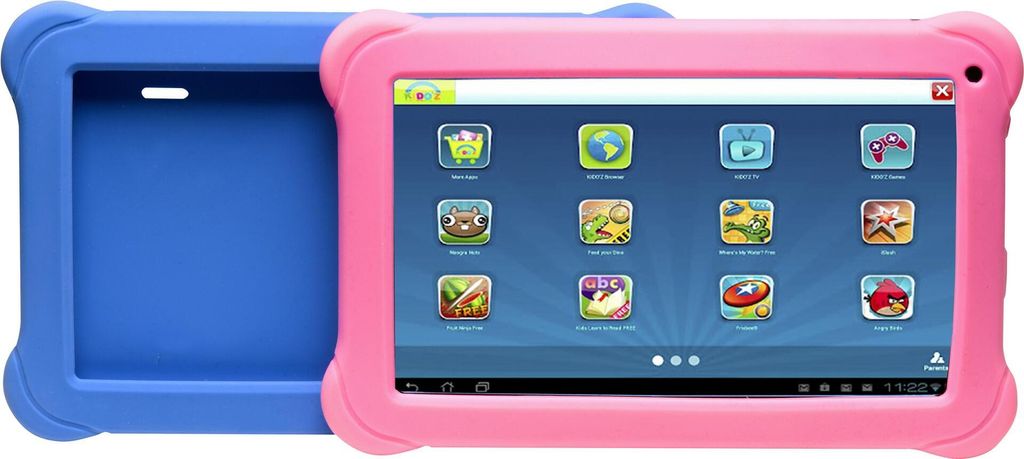 A pink tablet computer with a blue protective case next to it.