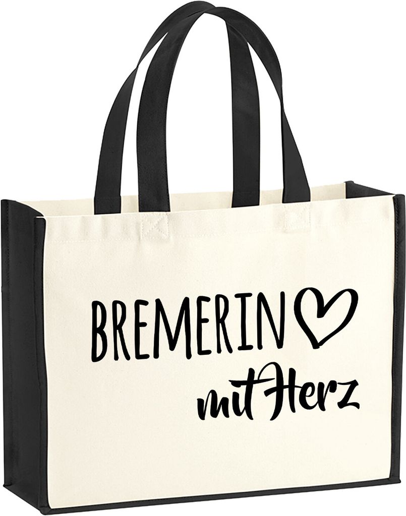 Huuraa Jutetasche Bremerin mit Herz 21 Liter Black Jute und Baumwolle Einkaufstasche Geschenkidee