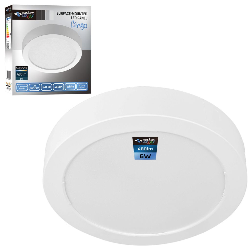 A white, round, surface-mounted LED panel light is shown, with its packaging in the upper left corner.