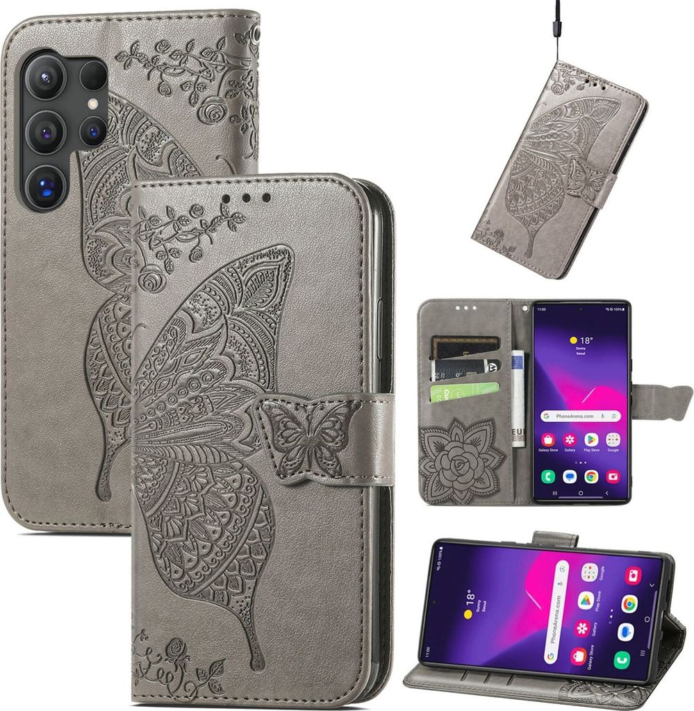 Für Samsung Galaxy S25 Ultra 5G Kunstleder Wallet Handy Tasche Schmetterling Design Hülle Etuis Grau