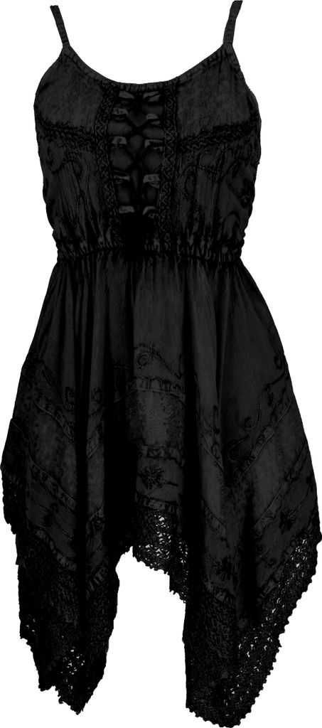 Besticktes Indisches Minikleid Boho Chic, Zick Zack Hippie Tunika, Mittelalterkleid - Schwarz, Damen, Viskose, Kleider
