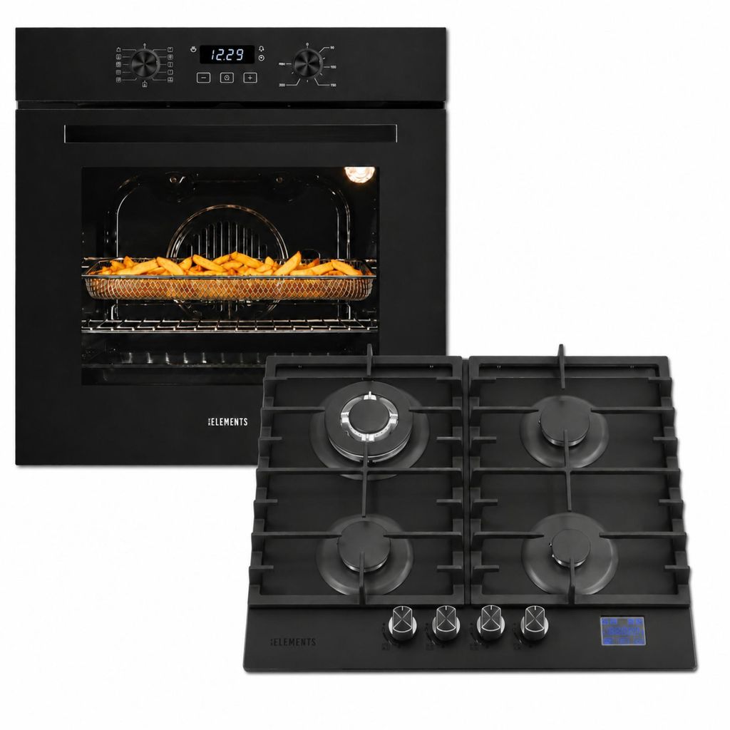 KB ELEMENTS Herdset Autark Gaskochfeld 60 cm 4 Brenner + Einbaubackofen 60 cm, Air Fry, Steam Clean, Heißluft, Gas-Stop-Timer, A+