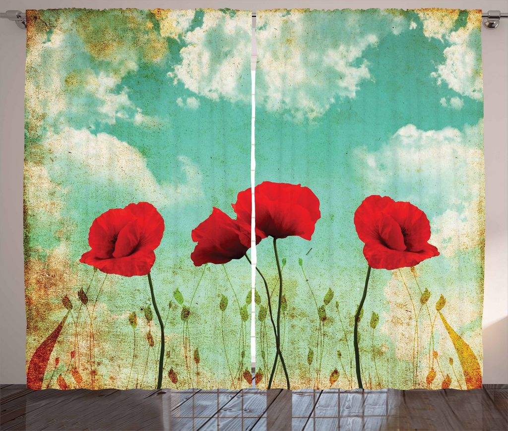 ABAKUHAUS Poppies Rustikaler Gardine, Flowers Spring Season, Schlafzimmer Kräuselband Vorhang mit Schlaufen und Haken, 280 x 225 cm, Vermilion Hel...