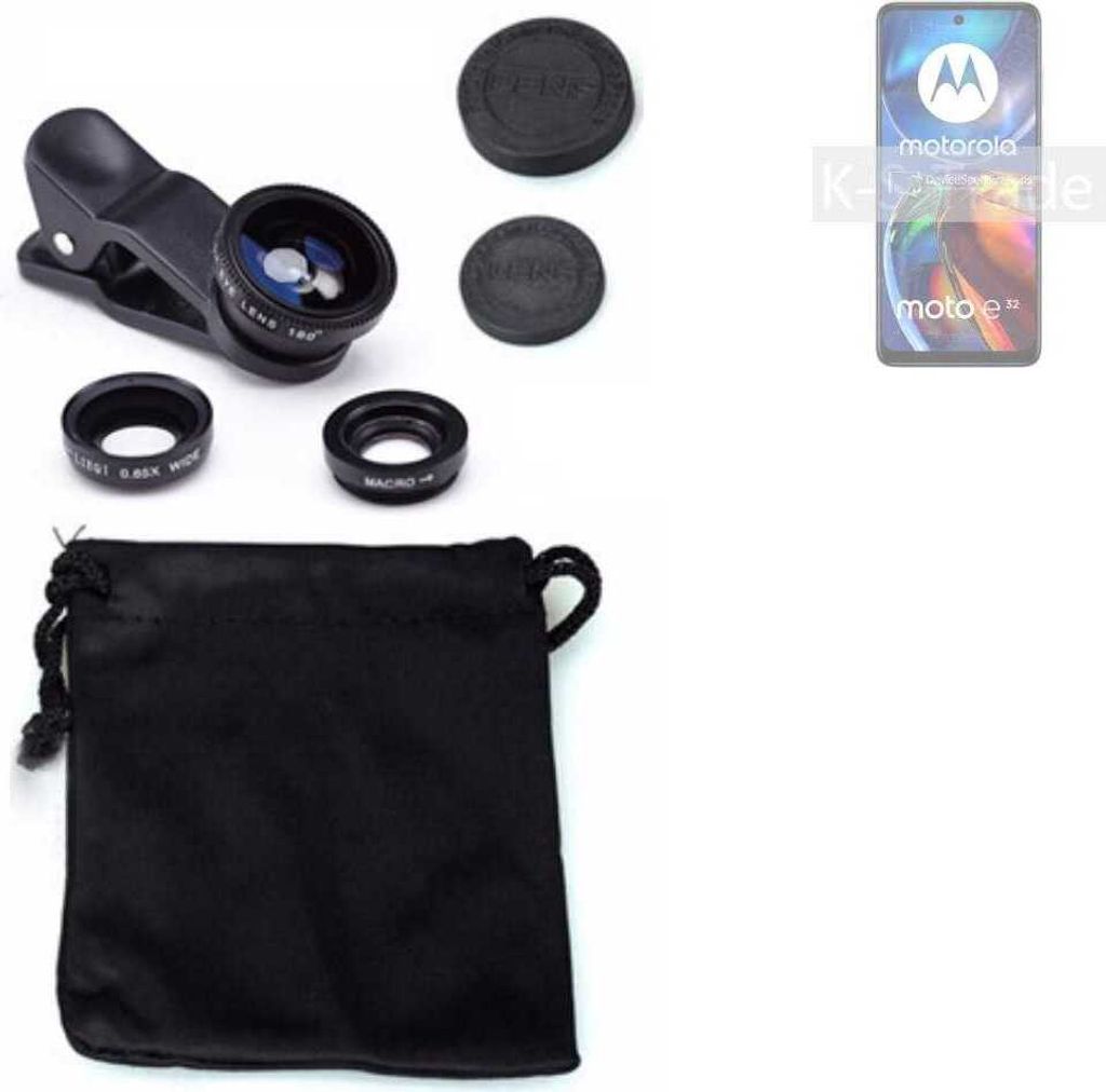 K-S-Trade Smartphone Kamera Linsen Set Kompatibel mit Motorola Moto E32 3in1 Clip-On Kamera Adapter Macro Weitwinkel FishEye Fischauge Objektiv Linse