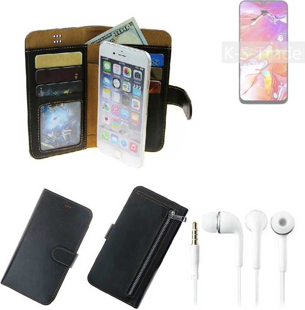 TOP SET Handy Hülle Schutz Hülle kompatibel mit Samsung Galaxy A40s schwarz aus Kunstleder + Kopfhörer Smartphone Tasche vollwertige Geldbörse
