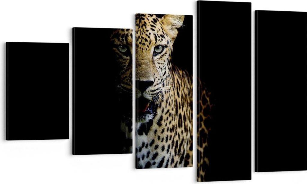 Bild auf Leinwand - Leinwandbild - 5 Teile - Schattig Leopard Panther - 100x60cm - Wand Bild - Wanddeko - Wandbilder - Leinwanddruck - Bilder - Wan...