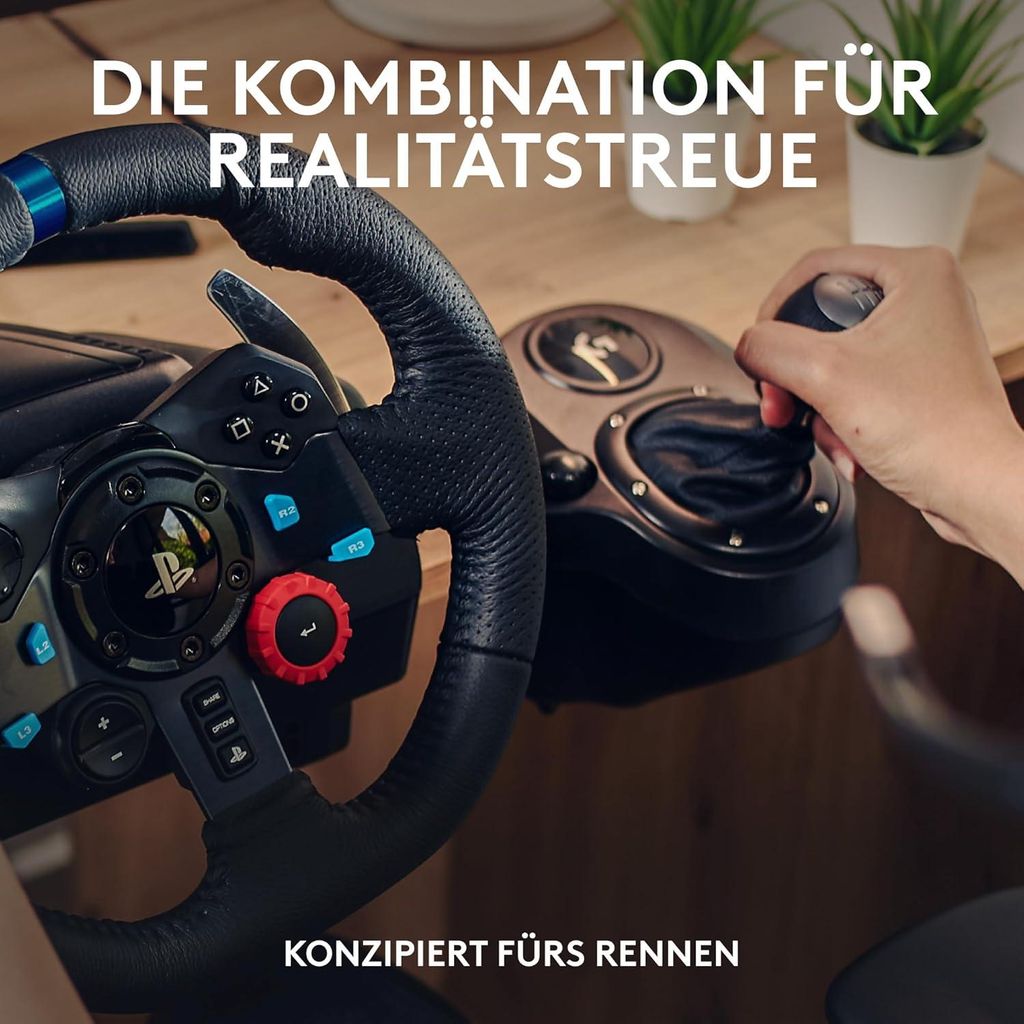 Close-up of a racing wheel and gear shifter.