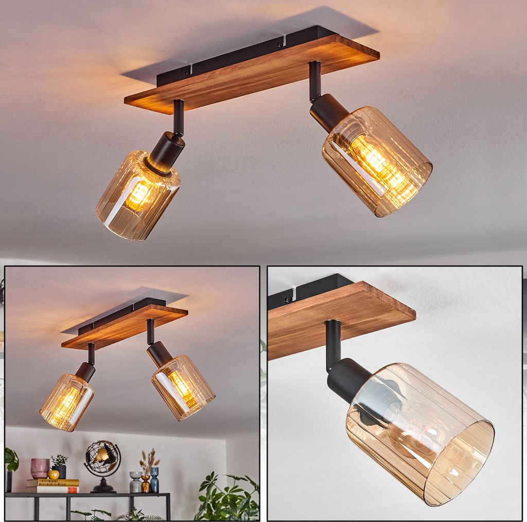 Canosa Deckenlampe aus Metall/Holz/Glas in Schwarz/Natur/Bernstein