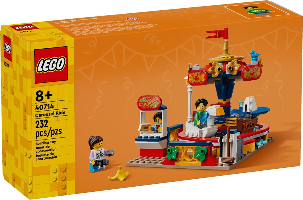 The image shows the packaging of a LEGO set, featuring a carousel ride.