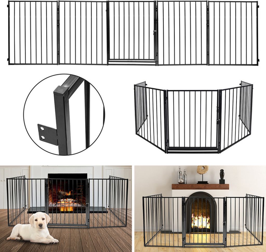 Fiqops Kaminschutzgitter Metall 305 x 76 cm klappbar Schutzgitter für Tiere 5 Elemente inkl. Tür Laufgitter Absperrgitter Tiergitter Türschutzgi...