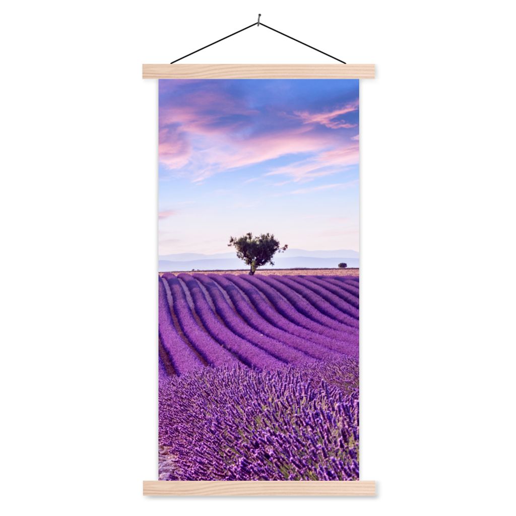 MuchoWow Textilposter Lavendel - Natur - Lila - Bäume - Blumen 60x120 cm mit holzfarbenen Rahmen - Holz