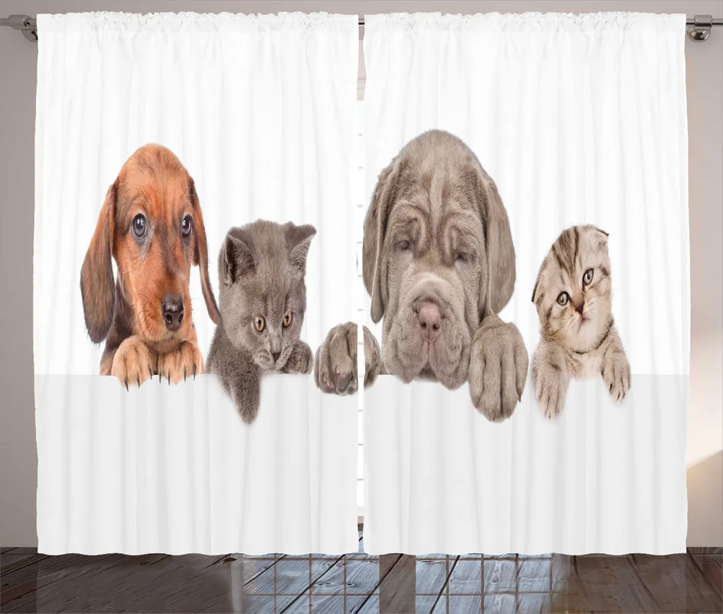 ABAKUHAUS Cane e gatto Tenda rustica, animale domestico che sbircia oltre il muro, soggiorno Nastro universale Tende con passanti e ganci, 280 x 245 cm, bianco grigio chiaro Ginger