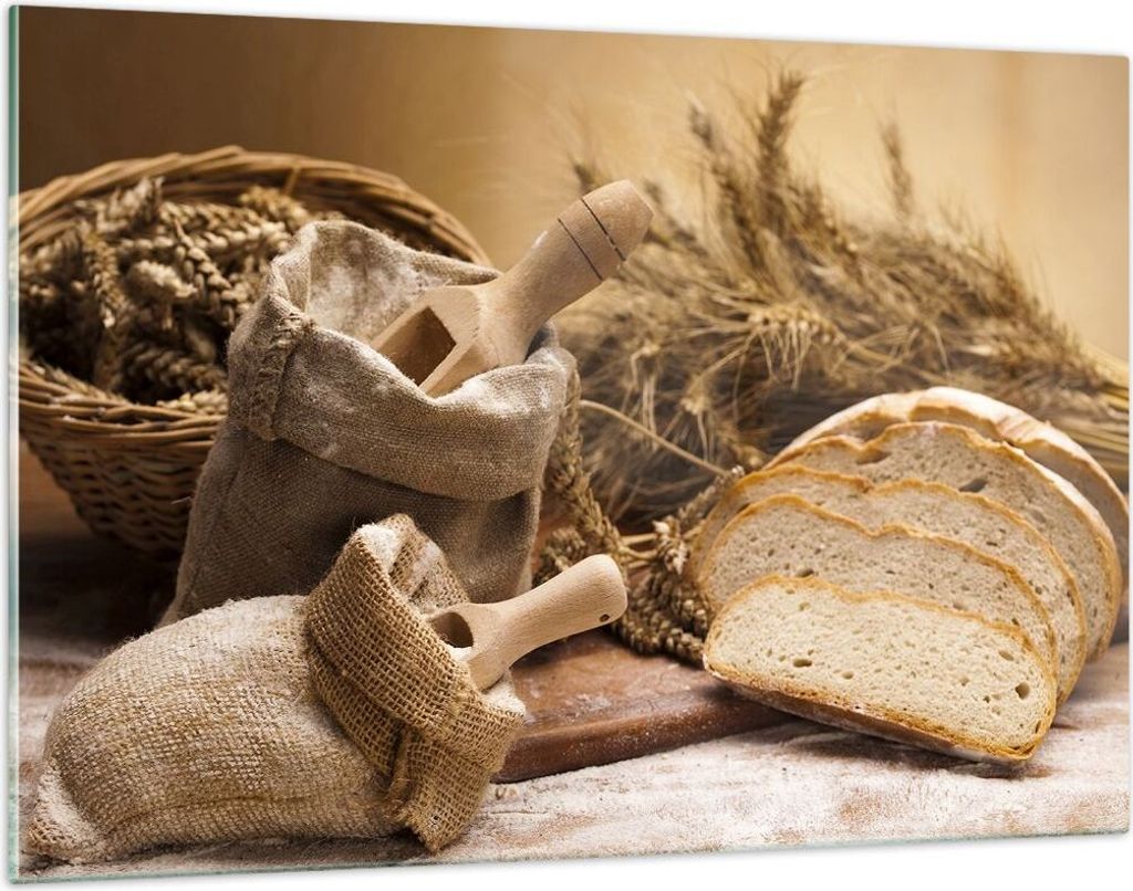 Bilder auf glas - Brot Essen Holz - 120x80cm - Glasbilder - Wandbilder - Kunstdruck - zum Aufhängen bereit - Wanddekoration aus Glas - Glas Bilder...