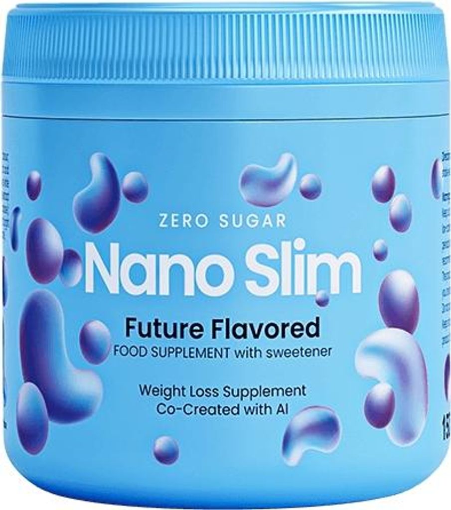A blue container of Nano Slim food supplement with purple abstract shapes.