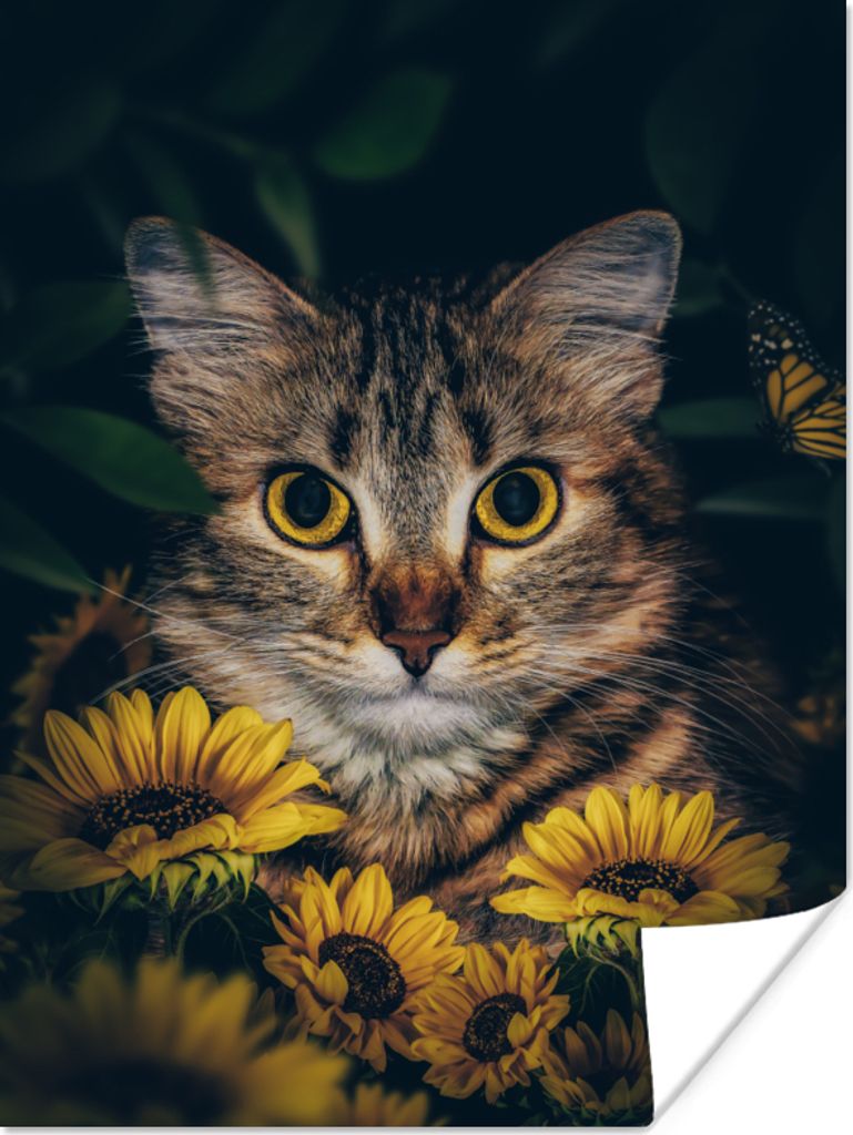 MuchoWow Poster Katze - Gelb - Blumen - Botanisch 120x160 cm - Wandbilder