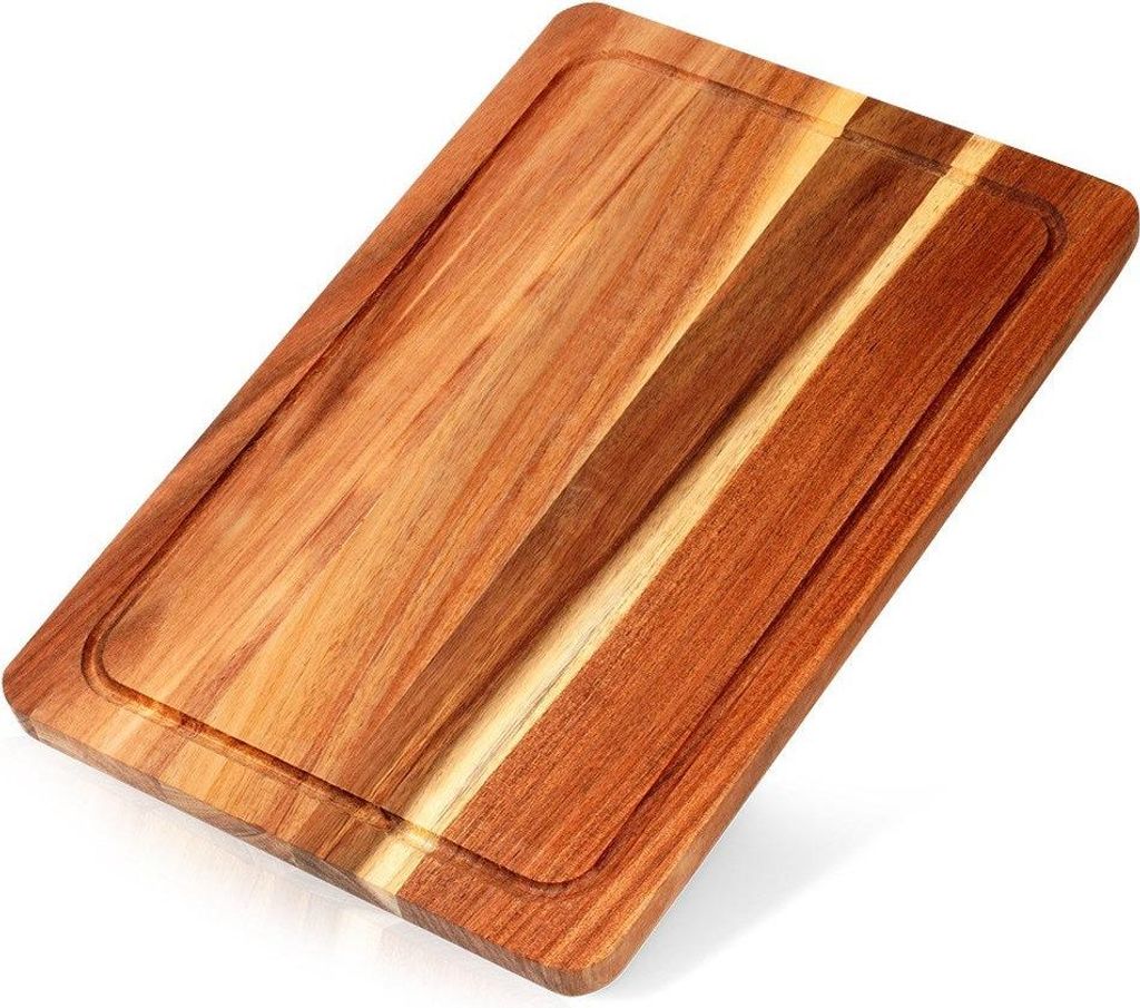 A wooden cutting and serving board on a white background.