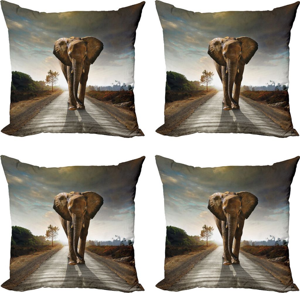 ABAKUHAUS Elefant Kissenbezug Set (4 Stück), Gehen hinunter eine Straße, Moderner Doppelseitiger Digitaldruck, 40 cm x 40 cm, Mehrfarbig