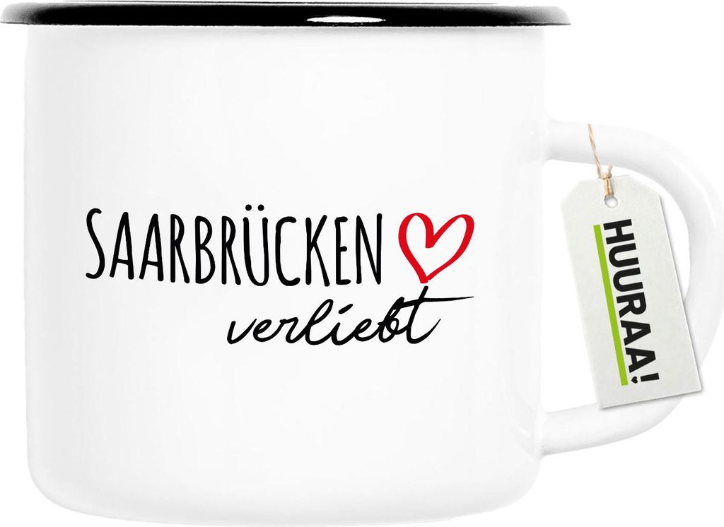 Huuraa Emaille Tasse Saarbrücken verliebt 300ml Vintage Campingbecher Geschenkidee
