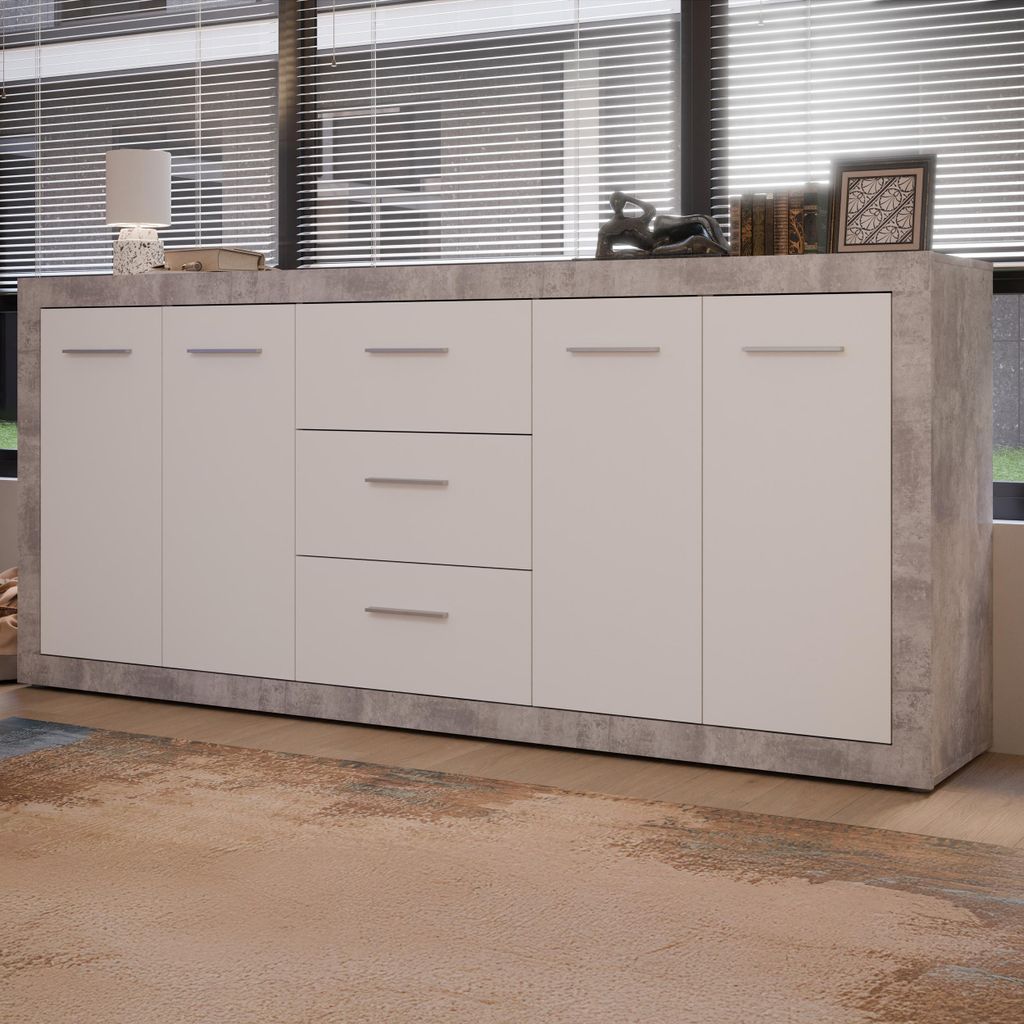 Forte FINLEY Sideboard 200 210, modernes Sideboard mit viel Stauraum, 4-türig, 3 Schubladen, Wohnzimmer, Flur, Schlafzimmer, Holzwerkstoff, Weiß|...