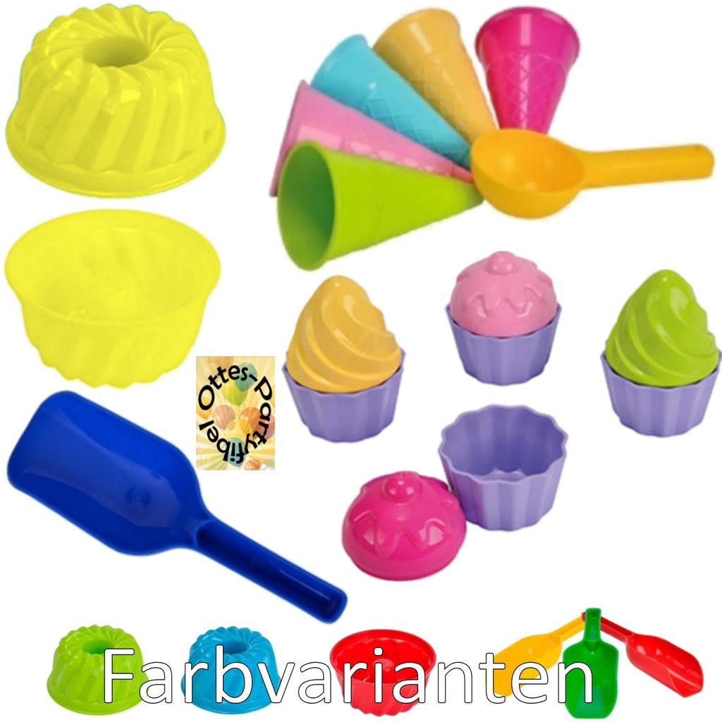 Sandspielzeug: 1 Kuchen-Sandform + 5 Eistüten + 1 Portionierer + 8tlg. Cup Cake Sandförmchen + 1 Mehlschaufel
