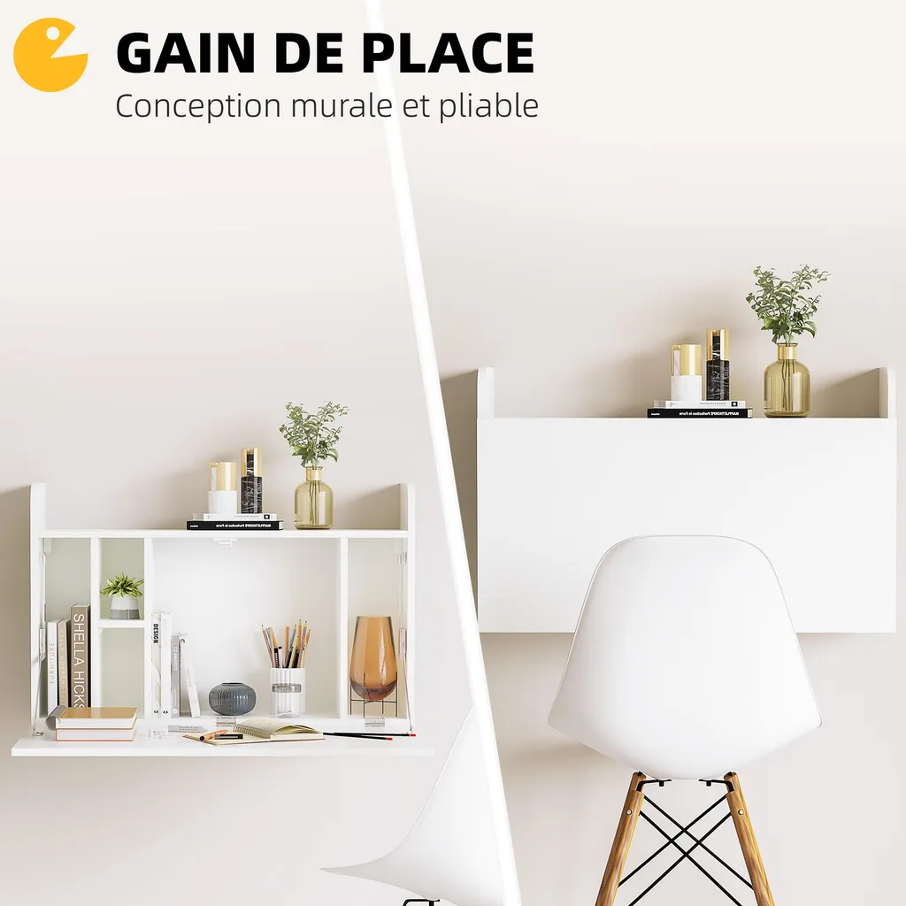 Table d'ordinateur murale escamotable blanche avec tablette de rangement