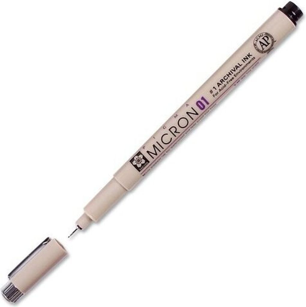 A single Sakura Pigma Micron 01 pen with its cap off, lying on a white background.