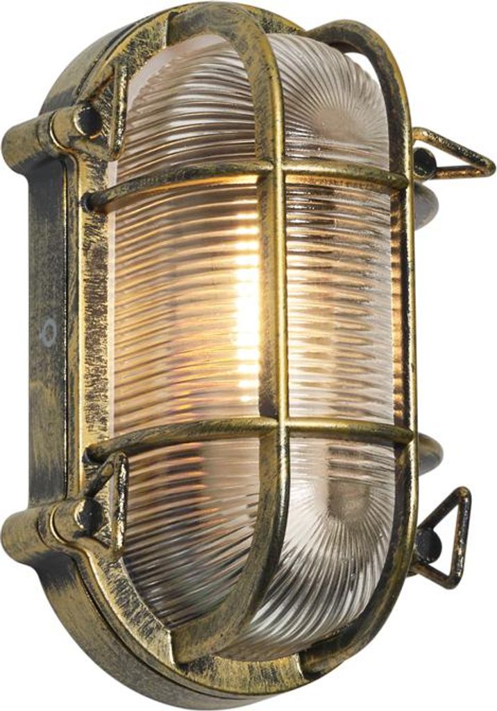 A close-up studio shot of an antique gold outdoor wall light.