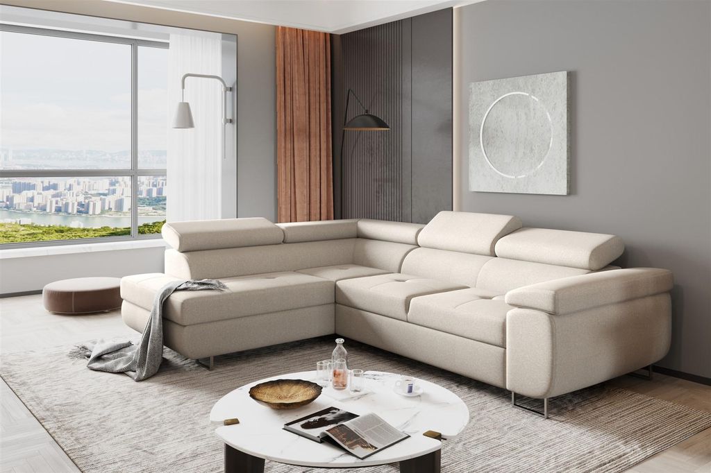 Couchgarnitur JADE Stoff Beige mit Schlaffunktion Ottomane Links
