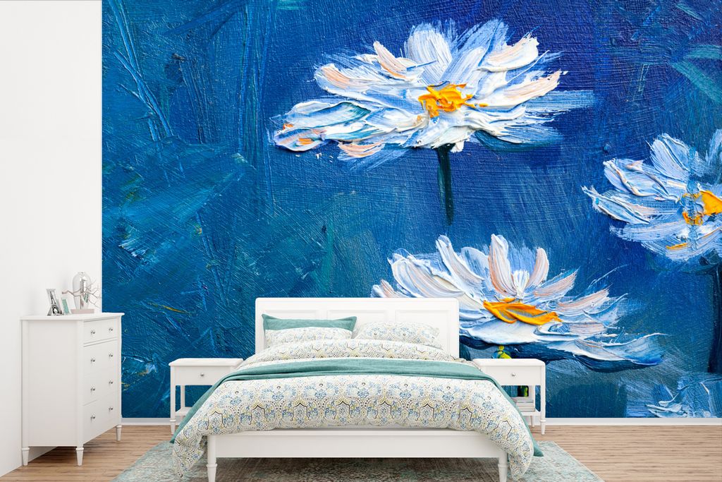MuchoWow Fototapete für Wohnzimmer oder Schlafzimmer Wandtapete Vinyl Motivtapete Gemälde - Ölfarbe - Blumen - Blau - 525x350 cm - Das Hinterg...