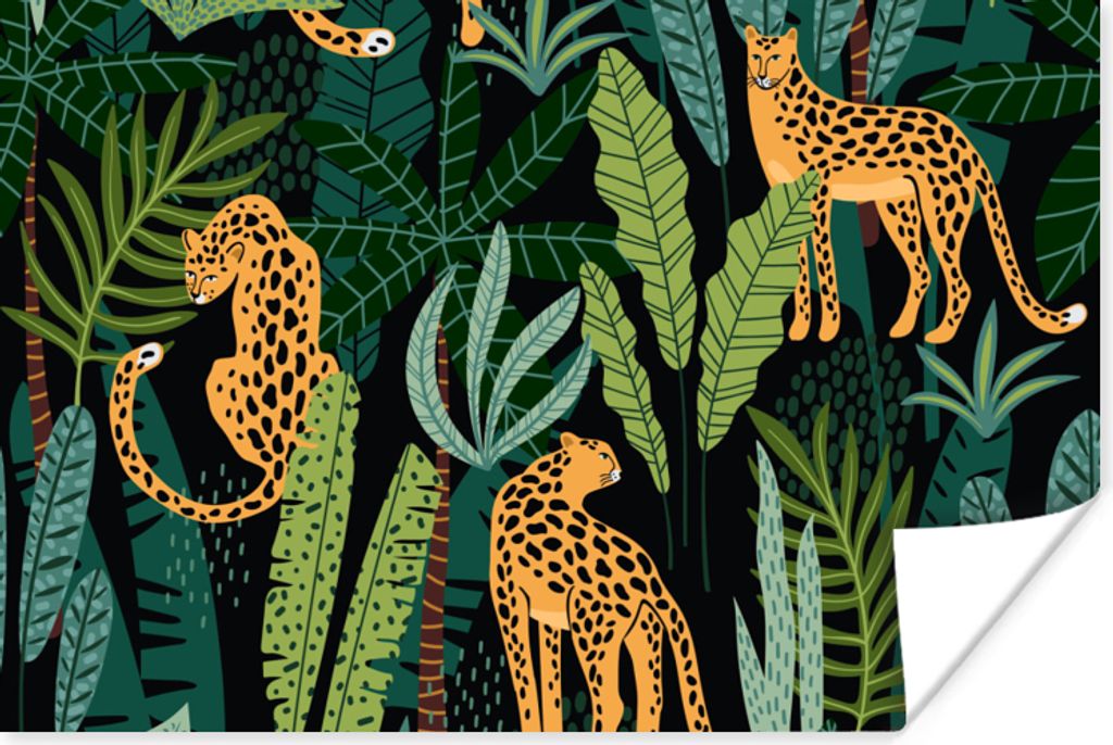 MuchoWow Poster Dschungel - Panther - Muster - Jungen - Mädchen - Pflanzen 180x120 cm - Fotoplakat