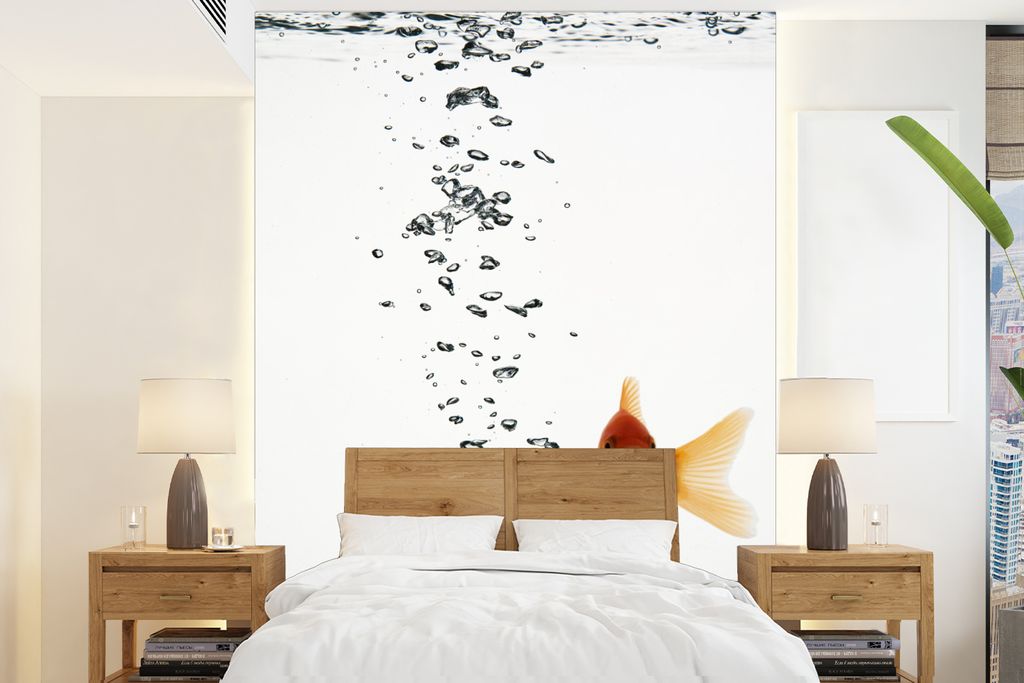 MuchoWow Fototapete für Wohnzimmer oder Schlafzimmer Wandtapete Vinyl Motivtapete Goldfisch - Wasser - Weiß - 160x220 cm - Bildschirmhintergrund