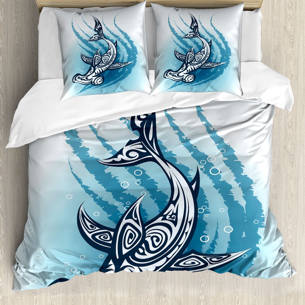 ABAKUHAUS Hai Bettbezug, Hammerhai Fisch Verziert, Milbensicher Allergiker geeignet mit Kissenbezügen, 155 cm x 220 cm - 80 x 80 cm, Dunkel Petrol...