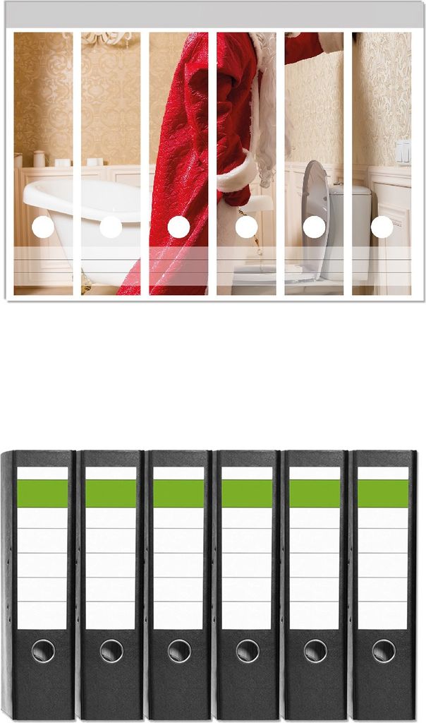 Wallario 6 Stück breite Ordner inkl. Klebeetiketten mit Motive Weihnachtsmann macht Pause und pinkelt auf edler Toilette - Set mit Rückenschilde...