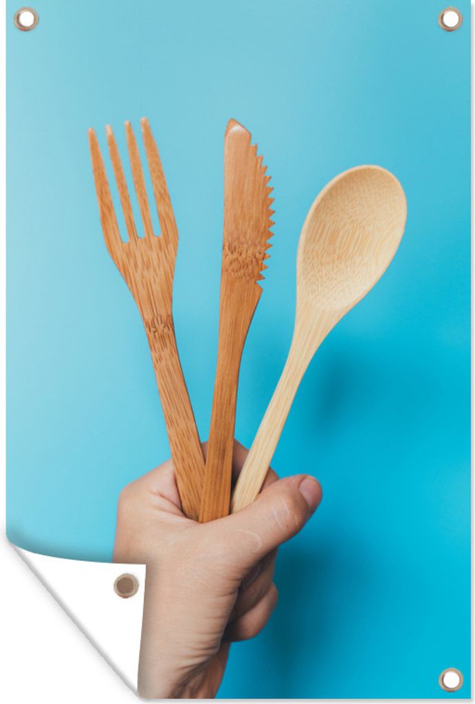 MuchoWow 80x120 cm Outdoor-Poster Gartendeko Sichtschutz Garten Poster für den Garten Hand mit Holzbesteck