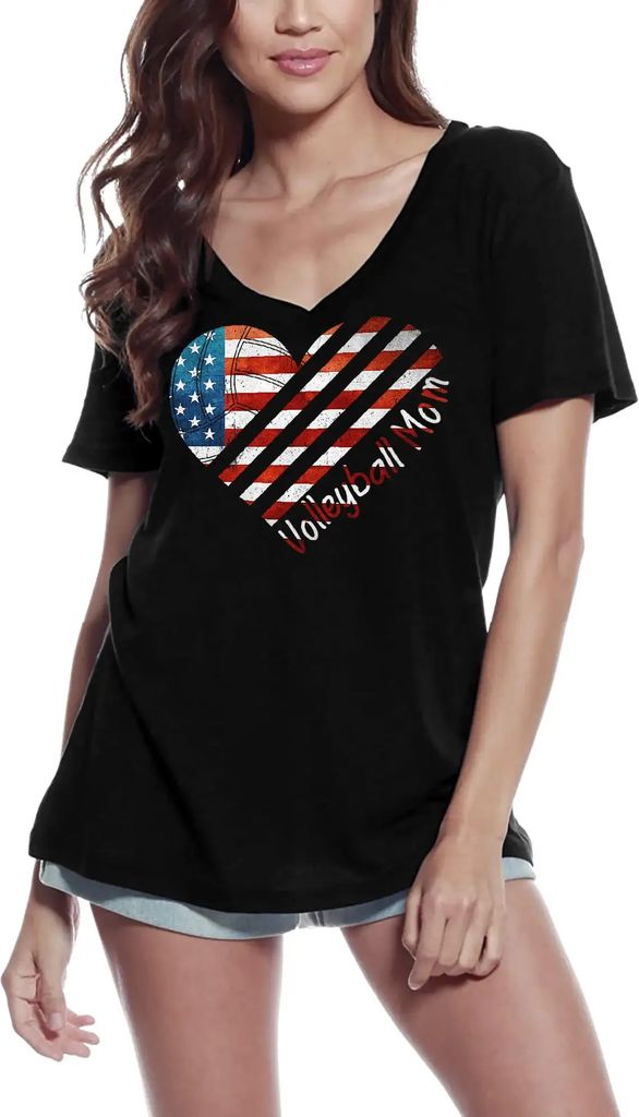 Damen Grafik T-Shirt V-Ausschnitt Herz mit amerikanischer Flagge - Volleyball-Mama – American Flag Heart - Volleyball Mom – Öko-Verantwortlich...