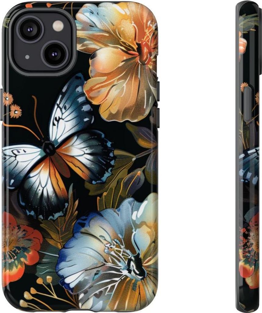 Schmetterlinge und Blumenmuster auf Schwarz – Hülle Kompatibel mit iPhone 14 Plus