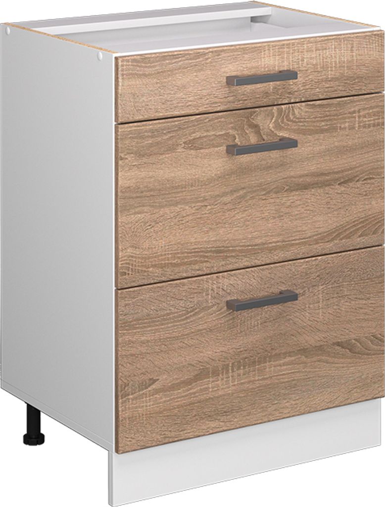 A three-drawer kitchen cabinet unit with a wood-effect front and white sides, shown from the front.