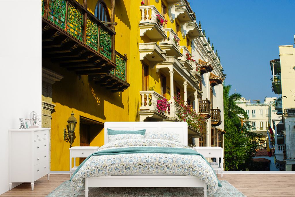 MuchoWow Fototapete für Wohnzimmer oder Schlafzimmer Wandtapete Vinyl Motivtapete Gelbe Fassaden der historischen Hafenstadt Old Cartagena in Ko...