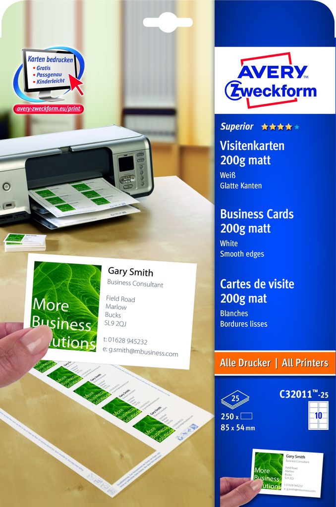 Avery Zweckform C32011-25 Superior Visitenkarten, 85 x 54 mm, einseitig beschichtet - matt, 25 Blatt