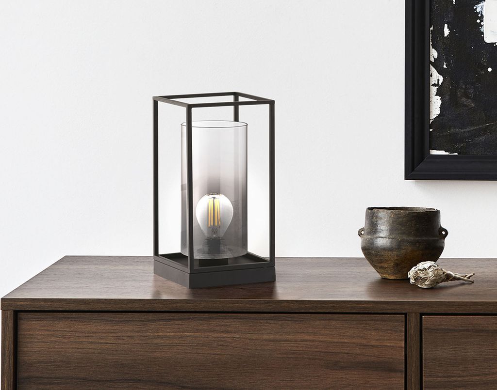 Kleine LED Tischleuchte Industrial Schwarz Rauchglas - Vintage Nachttischlampe