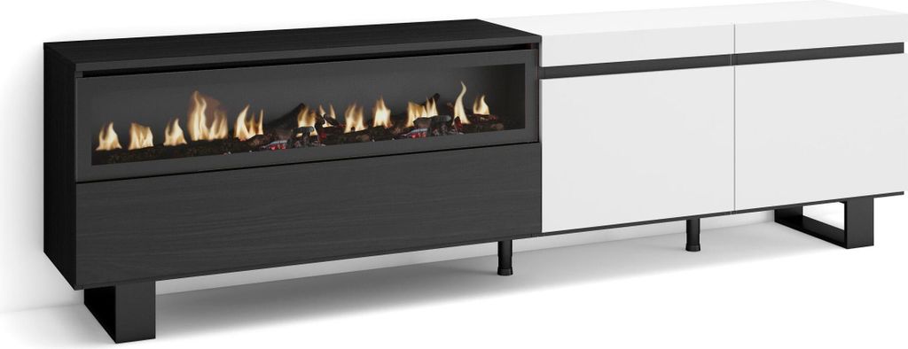 TV-Schrank, Lowboard, 200x35x57cm, Für TV-Geräte bis zu 80", Elektrokamin. Industriedesign, Weiß und Schwarz