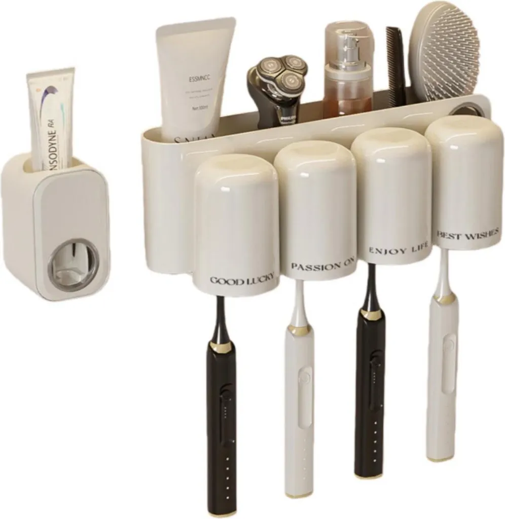 INF Support brosse à dents mural et distributeur dentifrice 4 places